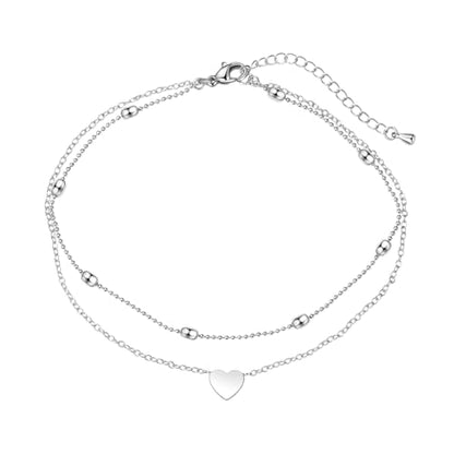 Pencros Dainty Layered Anklet,14K Gold Filled Cute Beads Satellite Chain Heart Boho Adjustable Anklets for Women - color: Layer Heart Silver