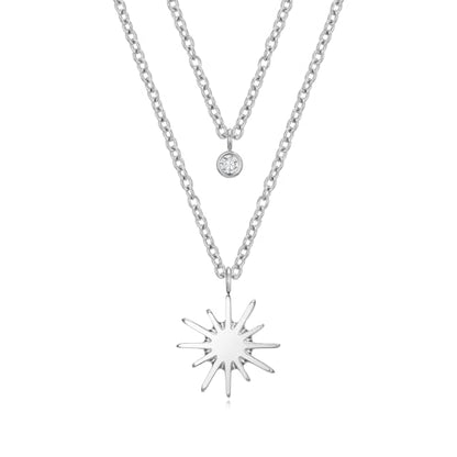 Dainty 316L Stainless Steel Layered Necklace for Women, Cubic Zirconia Layered Double Pendant Chain Necklace Jewelry Trendy - color: Original SS