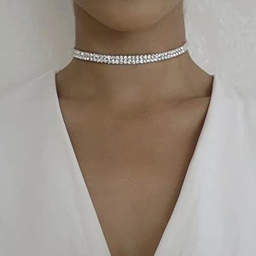 Luxval Tennis Necklace 14K Gold Plated Rhinestone Butterfly Choker Necklaces for women Dainty Zirconia Cut Faux Diamond chain 3mm - color: Silver-2 row tennis