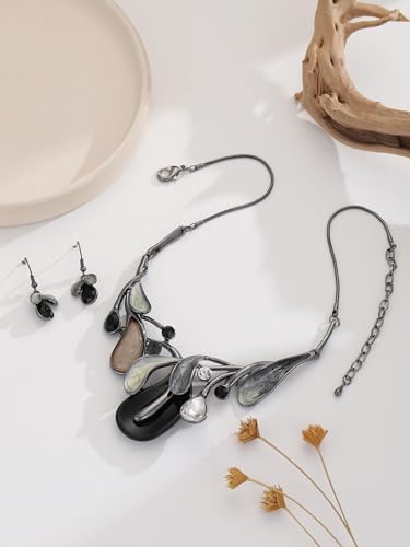 Chunky Statement Jewelry Set Vintage Retro Leaf Flower Floral Geometric Bohemian Boho Bib Necklace Earring Set Fashion Costume Jewelry for Women Girls Wedding Party Prom Unique Gift - style: teardrop leaf-black grey
