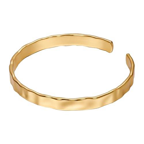 Classic Hammered Cuff Bracelet for Women, 18K Gold Plated Wide Bangle | Hammered Ripple Texture, 2.3-Inch Wide Cuff, Smooth Edges, Non Tarnish, Red Gift Box