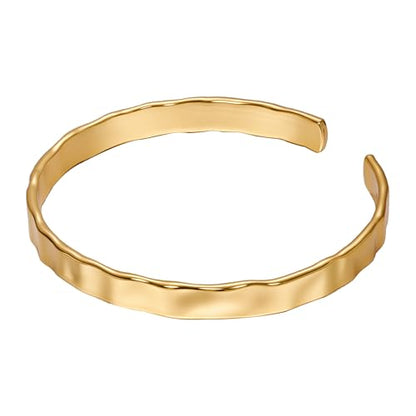 Classic Hammered Cuff Bracelet for Women, 18K Gold Plated Wide Bangle | Hammered Ripple Texture, 2.3-Inch Wide Cuff, Smooth Edges, Non Tarnish, Red Gift Box