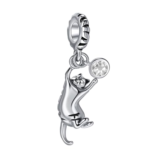 Ginger Cat Playing Tabby Dangle Charm Compatible with Pandora Charms Bracelets with CZ Birthstones for Cat Lovers Women Mother's Day - style: Apr Tabby Cat