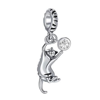 Ginger Cat Playing Tabby Dangle Charm Compatible with Pandora Charms Bracelets with CZ Birthstones for Cat Lovers Women Mother's Day - style: Apr Tabby Cat