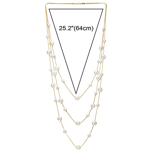 Statement Necklace Three-Strand Long Chains with Synthetic Pearl Beads, Elegant, Dress - color: A-Beads Color: White