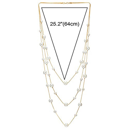 Statement Necklace Three-Strand Long Chains with Synthetic Pearl Beads, Elegant, Dress - color: A-Beads Color: White