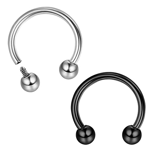 MILACOLATO 2Pcs Implant Grade Titanium Septum Rings for Women Men 16G | G23 Solid Titanium Internally Threaded Horseshoe Circular Barbell Piercing Jewelry for Nose Lip Tragus Eyebrow Helix Daith - color: 2pcs-black&steel-16g/8mm