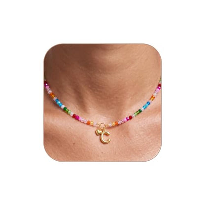 Initial Necklace for Women Colorful Beaded Necklaces Initial Heart Bubble Letter Necklace Summer Necklace Jewelry Gift - color: C