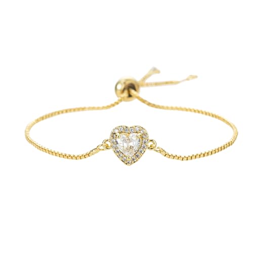 14K White Gold Plated Heart Bracelet for Women Elegant Zircon Inlay Heart Charm Box Chain Bracelet Adjustable Length Minimalist Jewelry