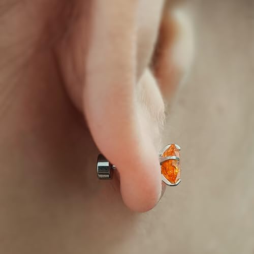 Zircon Flat Back Screw Hypoallergenic Surgical Steel Stud Earrings - color: Solar Flare Orange, size: 1ct - 0.24 Inch (6mm)