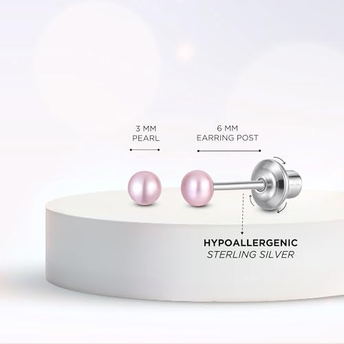 Pearl Screw Back Stud Earrings, 925 Sterling Silver Hypoallergenic - color: Pink, size: 3mm-Small