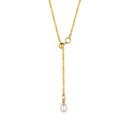 GOLDCHIC JEWELRY Dainty Y Necklace For Women, Gold Layered Choker Lariat Necklaces, Looped Long Lariat Y Bar/Lock/Peal/Star/Rose Chain Personalized Minimalist Gifts for Women - color: Gold -Pearl, style: Y Necklace - No Engraving