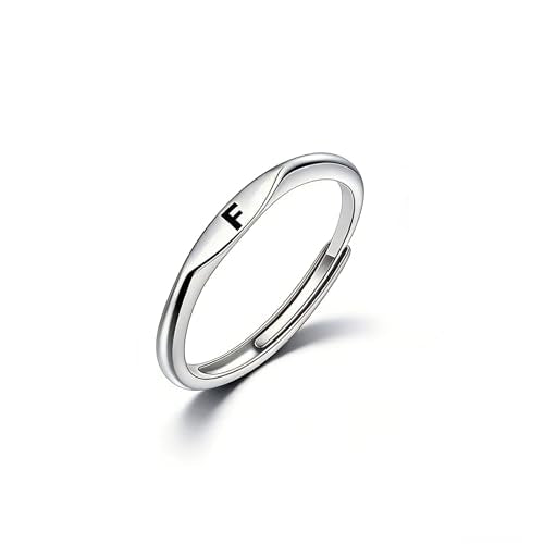 Thin Stacking Initial Rings for Women Stackable Plain Letter Ring Open Adjustable Silver Capital Alphabet Letter Band Ring - color: F