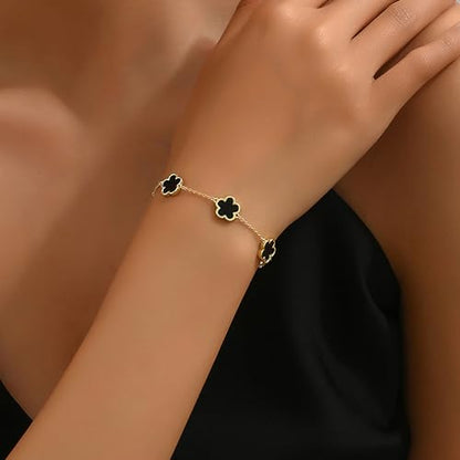 TICVSS Four Leaf Clover Bracelet for Women 18K Gold Plated Stainless Steel Lucky 4 Leaf Gold Link Bracelet Jewelry Gift for Women - color: Black