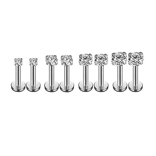 16g CZ Labret Cartilage Tragus Monroe Lip Nose Helix Diamond Studs Earrings for Women Men Stainless Steel Cubic Zirconia Piercing Jewelry 2mm 3mm 4mm 5mm 4 Pairs Set - style: silver