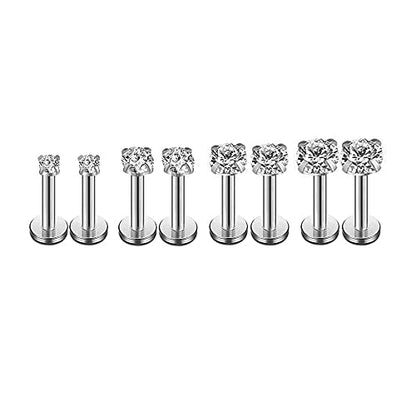 16g CZ Labret Cartilage Tragus Monroe Lip Nose Helix Diamond Studs Earrings for Women Men Stainless Steel Cubic Zirconia Piercing Jewelry 2mm 3mm 4mm 5mm 4 Pairs Set - style: silver