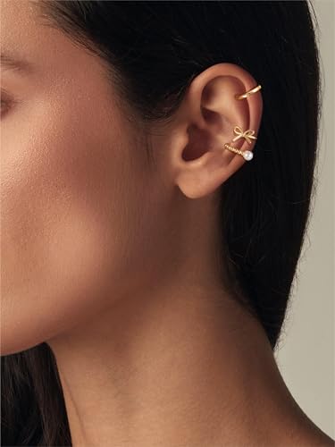 14K Gold Plated Ear Cuff Earrings for Women, Dainty Ear Cuffs Clip on Earrings Non Piercing Trendy Cubic Zirconia Cartilage Hoop Earring Fashion Jewelry Sets for Women - color: 3PCS/Pearl