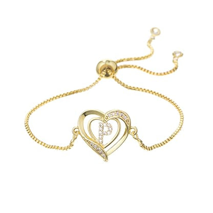 14K White Gold Plated Initial Heart Bracelet for Women Zircon Inlay Heart Initial Charm Bracelets Adjustable Minimalist Jewelry - color: P-gold