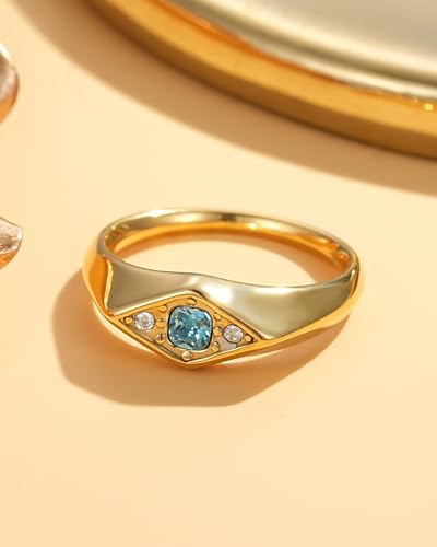YeGieonr Gold Rings for Women Non Tarnish, 18K Gold Plated Stainless Steel North Star Signet Ring, Waterproof Dainty Pinky Statement Ring, Tarnish Free Gold Jewelry for Women - color: Rhombus Blue