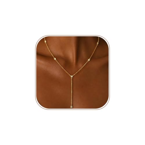 Lariat Gold Necklace for Women Dainty Long Necklaces 14k Gold Plated CZ Y Drop Chain Necklace Trendy Gold Jewelry Gifts - color: 5 Zircon-Y Necklace-gold-774