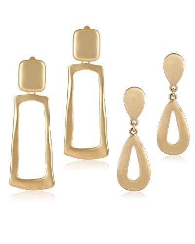 Gold Metal Clip On Earrings for Women Non Pierced Dangle Drop Earrings Multiple Styles - color: gold rectangular + waterdrop hollow