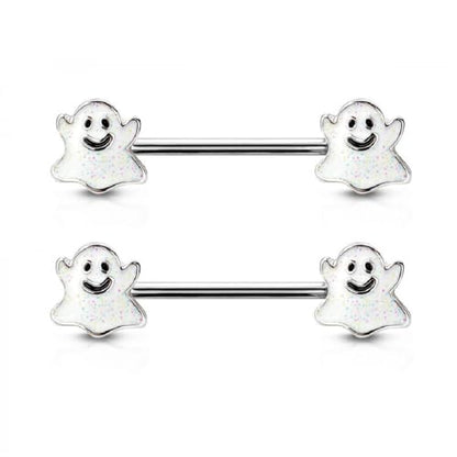 Pierced Owl 14GA 316L Stainless Steel Happy Little Ghost Ends Nipple Barbells, Sold as a Pair - style: Silver Tone