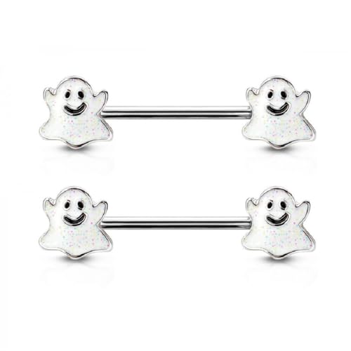 Pierced Owl 14GA 316L Stainless Steel Happy Little Ghost Ends Nipple Barbells, Sold as a Pair - style: Silver Tone