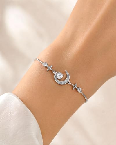 Silver Moon and Star Bracelet for Women Cubic Zirconia Adjustable Link Bracelet Celestial Charm Jewelry Gift for Her