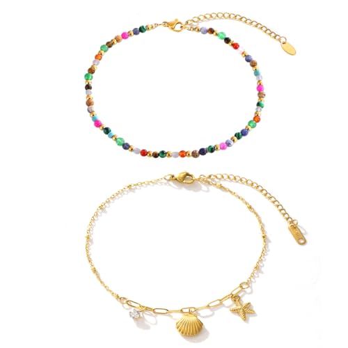 2/3 PCS Gold Anklets for Women Waterproof Boho Starfish, Seashell, Heart & Butterfly Charms Ankle Bracelets Non Tarnish Adjustable Layered Cuban Beaded Foot Chain Beach Jewelry for Summer Vacations - color: Gold Set 2