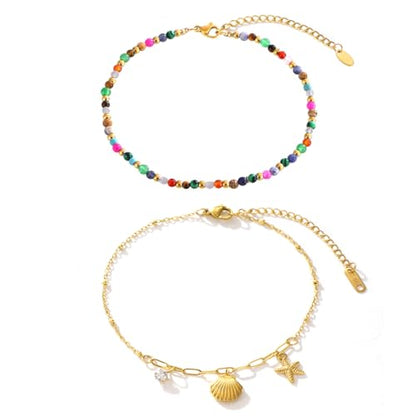 2/3 PCS Gold Anklets for Women Waterproof Boho Starfish, Seashell, Heart & Butterfly Charms Ankle Bracelets Non Tarnish Adjustable Layered Cuban Beaded Foot Chain Beach Jewelry for Summer Vacations - color: Gold Set 2