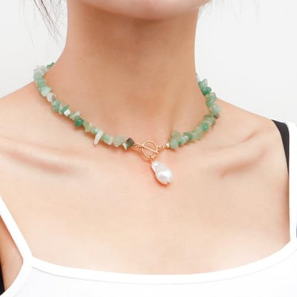 Bohemian Stone Pearl Choker Necklace for Women Dainty Natural Irregular Stone Choker Turquoise Beaded Lariat Necklace Simple Fashion OT Toggle Spiritual Handmade Jewelry - color: Green