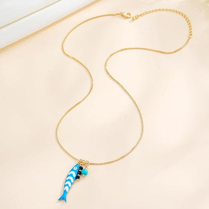 Fish Necklace for Women Gold Plated Fish Pendant Adjustable Necklace Bohemian Beach Jewelry - style: blue fish