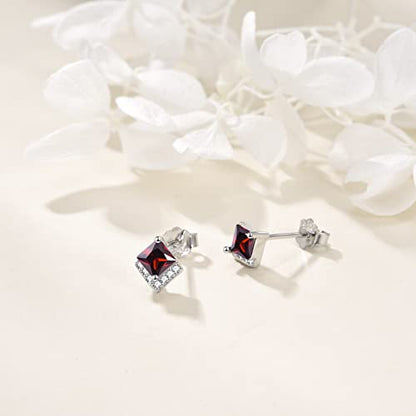 Birthstone Stud Earrings Sterling Silver Square Created Crystal Earrings Cubic Zirconia Hypoallergenic Piercing Jewelry Small Gifts for Women Mothers - color: Jan-Granet