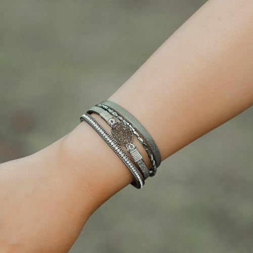 Boho Chunky Leather Wrap Bracelets Stackable Beaded Western Country Jewelry | Crystal Bead Trendy Layered Cuff Magnetic Clasp Stack Bohemian Statement Costume Outfits Cowgirl Fashion Hippie Accessories - color: Green, size: 7.7"