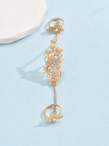 Rhinestone Finger Ring for Women Sparkly Crystal Butterfly Flower Leaf Adjustable Statement Chain Rings Punk Jewelry - color: gold flower