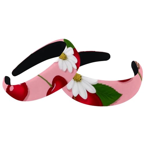 2 Pcs Wide Padded Headband Velvet Headbands Puffy Thick Hairbands Soft Hair bands for Women Girls Hair Accessories for Teen Girls,Cherry Daisies - color: Multi-colored 14