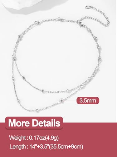 FOCALOOK Choker Necklace for Women, Double Layered Boho Beaded Choker Chain | Dainty 14K Gold Plated/Silver/Black Metal, Simple Small Satellite Beaded Chain Necklace, Hypoallergenic for Everyday Wear - color: 01.2-Layered Satellite Beads-Silver