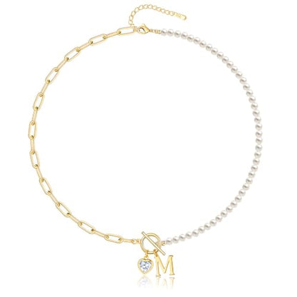 Initial Pearl Necklace for Women, 14K Gold Plated Paperclip Chain | Toggle Clasp, Heart CZ Initial Necklace,Gold Necklace for Women,Bridesmaid Wedding Gifts Jewelry - color: Gold-M