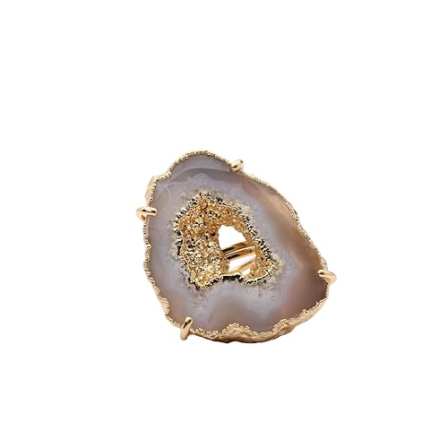 Ring Geode Druzy Slice Unique And Stylish Statement Gold Plated Jewelry Natural Gemstone Stone size 25-35 mm Approximately Adjustable Shank US Scale Size 6-9 - color: Gray, 2