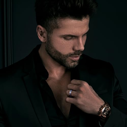 King Will Black Tungsten Rings for Men Hammer Wedding Band | Black, Grooved, Hammer Wedding Band Gold Groove, Sand Inlay, Everyday Wear - color: Blue Green Opal & Golden Foil