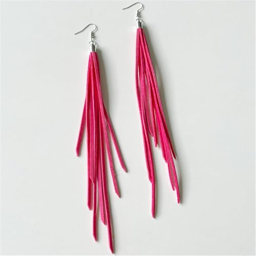 Leather Tassel Earrings Bohemian Tassel Fringe Dangle Earrings Boho Handmade Leather Feather Long Tassel Earrings Western Jewelry for Women - color: Hot Pink