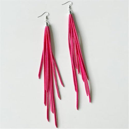 Leather Tassel Earrings Bohemian Tassel Fringe Dangle Earrings Boho Handmade Leather Feather Long Tassel Earrings Western Jewelry for Women - color: Hot Pink