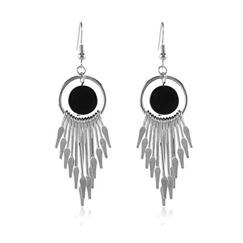 MALOYANVE Long Bohemian Metal Tassel Earrings for Women Fashion Vintage Gold Silver Plated Hollow Round Fan Shaped Conical Arrow Dangle Drop Statement Earrings Jewelry Gifts - color: Silver