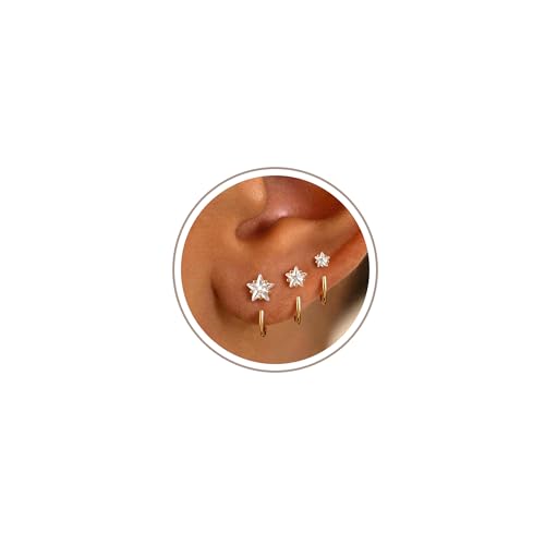 Freekiss 3 Pairs Backless Half Hoop Earrings Set for Women | 14K Gold Plated CZ Stay Close Hoop Earrings, Hypoallergenic Huggie Stackable Earring for Everyday & Sleep Wear Jewelry Gift - color: Star CZ-GD