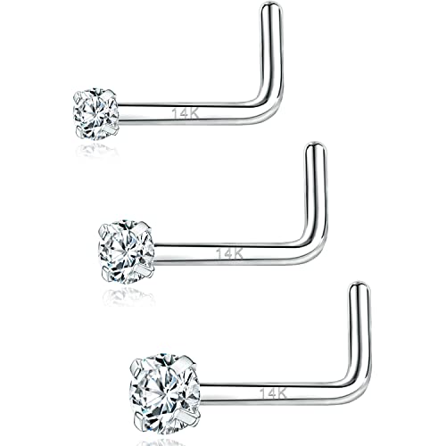 PunkTracker 20g 14K Real Gold Nose Rings CZ Simulated Diamond Nose Studs | Hypoallergenic Nostril Nose Piercing Jewelry for Women Men - color: 3pcs, 1.5/2/3mm, L-shape