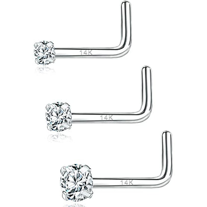 PunkTracker 20g 14K Real Gold Nose Rings CZ Simulated Diamond Nose Studs | Hypoallergenic Nostril Nose Piercing Jewelry for Women Men - color: 3pcs, 1.5/2/3mm, L-shape