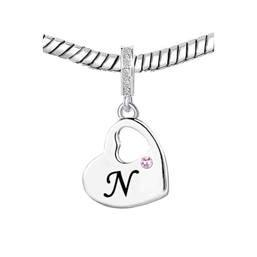KunBead Initial A-Z Letter Pink Heart Alphabet Birthday Dangle Love Charms Compatible with Pandora Charm Bracelet for Auntie Friend Sister Mom Daughter Nana Granddaughter Wife - style: Letter N
