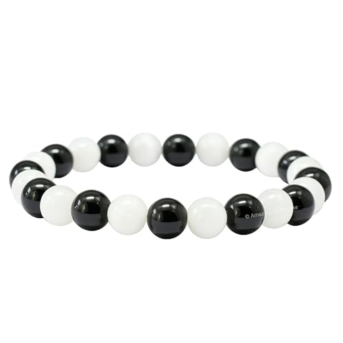 Amazing Gemstone Black Tourmaline Selenite Crystal Bracelet for Women Men's Gifts - Protection Healing Crystal Bracelet - 8mm Gemstone Beaded Stretchable Bracelet Pulseras Para Hombres Mujer Stocking Stuffers Mothers Day Gift - color: Black Tourmaline Sel