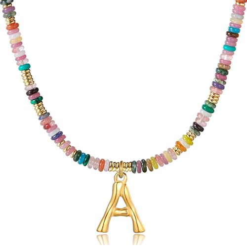YOUFENG Initial Letter Necklaces for Women Colorful Beaded Gemstone Choker 14K Gold Plated Bamboo Letter Pendant Necklace Natural Stone Handmade Jewelry Gift - color: A