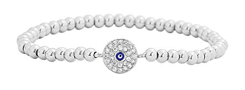 Women Evil Eye Ball chain Elastic bracelet with CZ Cubic Zirconia - color: Silver